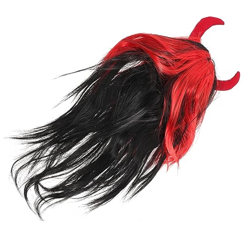 VILLFUL Lange Rot-schwarze Perücke Halloween-perücke Aus Ochsenhorn Rote Halloween-cosplay-haarteil Halloween-kostüm-perücken Party-haarteil Halloween-dämonenhörner Zubehör Plastik Langes von VILLFUL