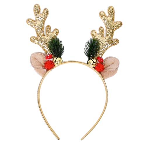 VILLFUL Weihnachtlicher Rentier Haarreif mit Glöckchen Goldfarbene Rentier Geweih Stirnband Funkelnde Pailletten Festlicher Kopfschmuck für Damen und Herren Langlebig für Mehrere Saisons von VILLFUL