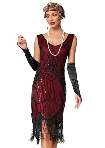 VILOREE 1920 Pailletten verschönert Quasten Falten Flapper Damen Mini Kleid Party Gastby Motto Burgunder Schwarz 2XL von VILOREE