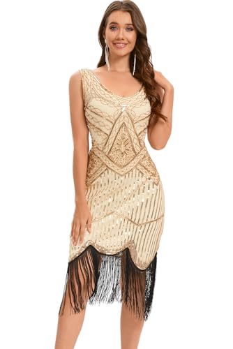 VILOREE 1920 Pailletten verschönert Quasten Falten Flapper Damen Mini Kleid Party Gastby Motto Champagner-2 L von VILOREE