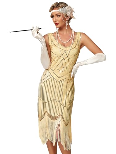 VILOREE 1920 Pailletten verschönert Quasten Falten Flapper Damen Mini Kleid Party Gastby Motto Champagner L von VILOREE