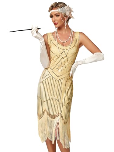 VILOREE 1920 Pailletten verschönert Quasten Falten Flapper Damen Mini Kleid Party Gastby Motto Champagner M von VILOREE