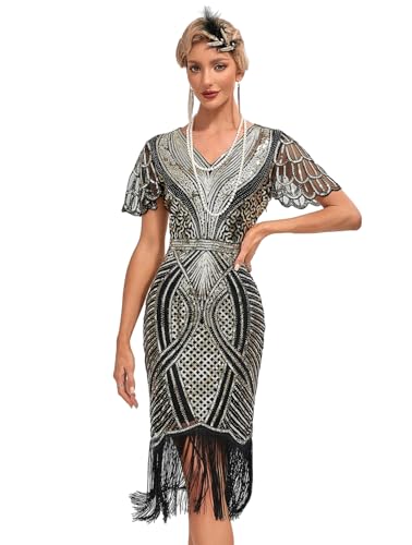 VILOREE 1920s Kleid Damen Flapper Charleston Kleid Gatsby Pailletten Cocktail Abschlussballkleid Party Kostüm Kleid Schwarz & Gold (55) M von VILOREE