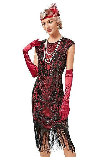 VILOREE 1920s Kleid Damen Flapper Charleston Kleid Gatsby Pailletten Cocktail AbschlussballKleid Party Kostüm Kleid Schwarz & Rot (51) M von VILOREE