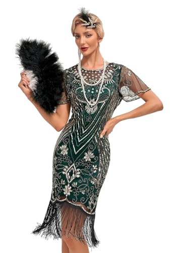 VILOREE 1920s Kleid Damen Flapper Charleston Kleid Gatsby Pailletten Cocktail Abschlussballkleid Party Kostüm Kleid Gold & Grün (53) L von VILOREE