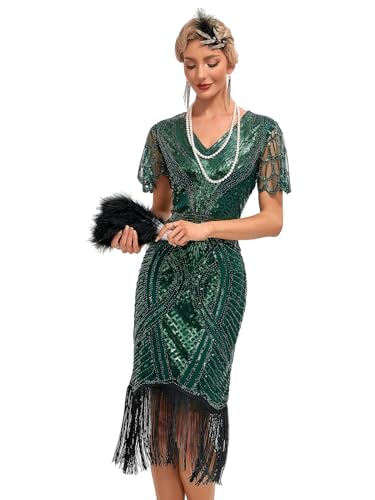 Viloree 1920s Kleid Damen Flapper Charleston Kleid Gatsby Pailletten Cocktail Abschlussballkleid Party Kostüm Kleid Grün (55) 2XL von VILOREE