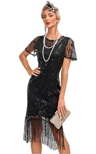 VILOREE 1920s Kleid Damen Flapper Charleston Kleid Gatsby Pailletten Cocktail Abschlussballkleid Party Kostüm Kleid Schwarz (53) L von VILOREE