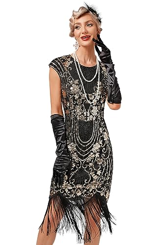 VILOREE 1920s Kleid Damen Flapper Charleston Kleid Gatsby Pailletten Cocktail Abschlussballkleid Party Kostüm Kleid Schwarz & Gold (51) L von VILOREE