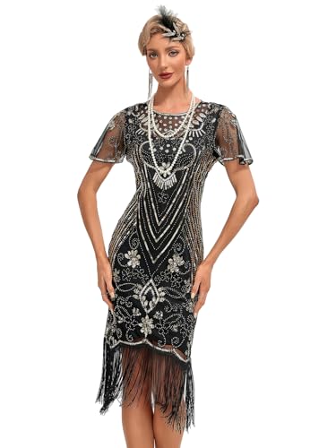 VILOREE 1920s Kleid Damen Flapper Charleston Kleid Gatsby Pailletten Cocktail Abschlussballkleid Party Kostüm Kleid Schwarz & Gold (53) 3XL von VILOREE