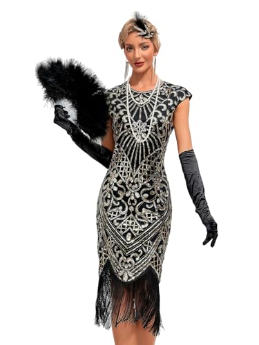 VILOREE 1920s Kleid Damen Flapper Charleston Kleid Gatsby Pailletten Cocktail Abschlussballkleid Party Kostüm Kleid Schwarz & Gold (54) M von VILOREE