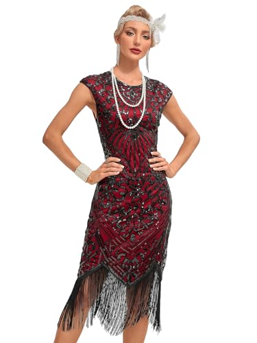 VILOREE 1920s Kleid Damen Flapper Charleston Kleid Gatsby Pailletten Cocktail Abschlussballkleid Party Kostüm Kleid Schwarz & Rot (54) 3XL von VILOREE