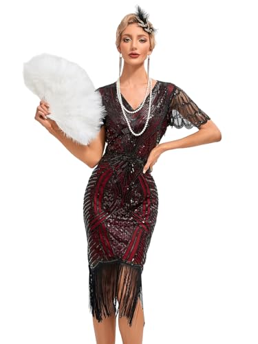 VILOREE 1920s Kleid Damen Flapper Charleston Kleid Gatsby Pailletten Cocktail Abschlussballkleid Party Kostüm Kleid Schwarz & Rot (55) S von VILOREE