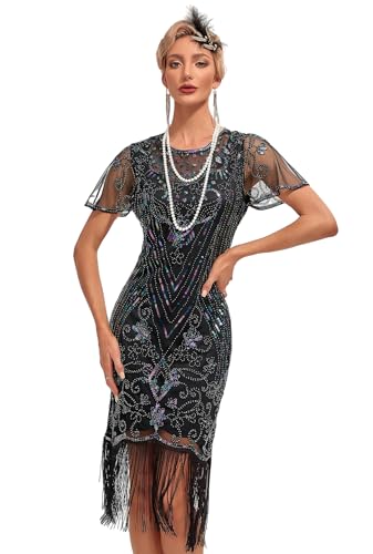 VILOREE 1920s Kleid Damen Flapper Charleston Kleid Gatsby Pailletten Cocktail Abschlussballkleid Party Kostüm Kleid Schwarz & Silber (53) L von VILOREE