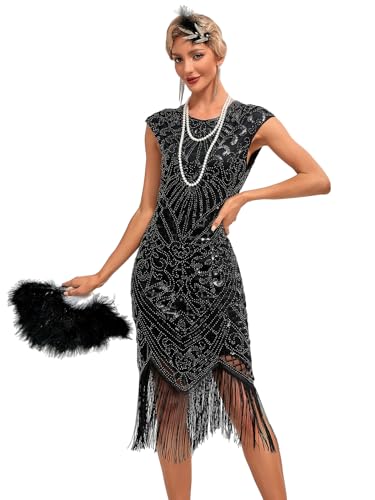 VILOREE 1920s Kleid Damen Flapper Charleston Kleid Gatsby Pailletten Cocktail Abschlussballkleid Party Kostüm Kleid Schwarz & Silber (54) L von VILOREE