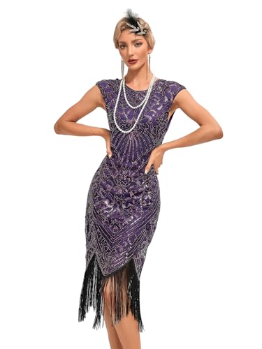 VILOREE 1920s Kleid Damen Flapper Charleston Kleid Gatsby Pailletten Cocktail Abschlussballkleid Party Kostüm Kleid Violett (54) L von VILOREE