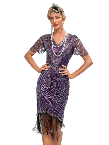 Viloree VILOREE 1920s Kleid Damen Flapper Charleston Kleid Gatsby Pailletten Cocktail Abschlussballkleid Party Kostüm Kleid Violett (55) S von VILOREE