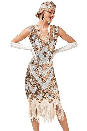 VILOREE Abendkleid Damen Kleid Flapper Ballkleider Cocktailkleid 1920's Art Deco Great Gatsby Party Vintage Retro Gold & Beige (49) 2XL von VILOREE