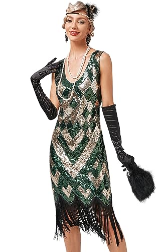 VILOREE Abendkleid Damen Kleid Flapper Ballkleider Cocktailkleid 1920's Art Deco Great Gatsby Party Vintage Retro Gold & Grün (49) 3XL von VILOREE