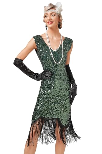 VILOREE Abendkleid Damen Kleid Flapper Ballkleider Cocktailkleid 1920's Art Deco Great Gatsby Party Vintage Retro Grün (52) 2XL von VILOREE