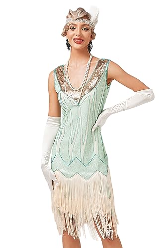 VILOREE Abendkleid Damen Kleid Flapper Ballkleider Cocktailkleid 1920's Art Deco Great Gatsby Party Vintage Retro Light grün (50) XL von VILOREE