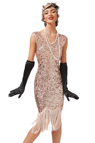 VILOREE Abendkleid Damen Kleid Flapper Ballkleider Cocktailkleid 1920's Art Deco Great Gatsby Party Vintage Retro Rosa (52) 3XL von VILOREE