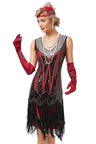 VILOREE Abendkleid Damen Kleid Flapper Ballkleider Cocktailkleid 1920's Art Deco Great Gatsby Party Vintage Retro Rot (50) 2XL von VILOREE