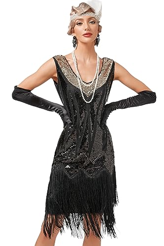 VILOREE Abendkleid Damen Kleid Flapper Ballkleider Cocktailkleid 1920's Art Deco Great Gatsby Party Vintage Retro Schwarz (50) 3XL von VILOREE