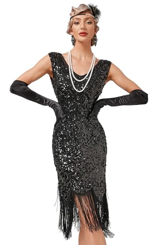 VILOREE Abendkleid Damen Kleid Flapper Ballkleider Cocktailkleid 1920's Art Deco Great Gatsby Party Vintage Retro Schwarz (52) 3XL von VILOREE