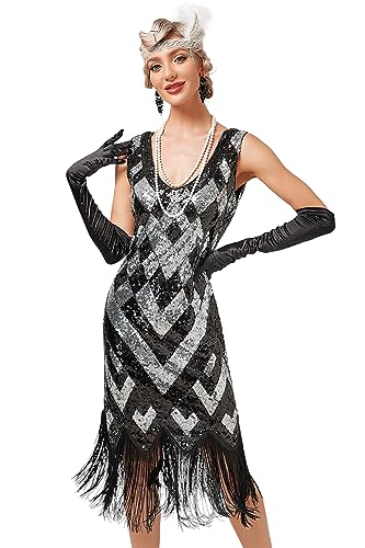 VILOREE Abendkleid Damen Kleid Flapper Ballkleider Cocktailkleid 1920's Art Deco Great Gatsby Party Vintage Retro Schwarz & Silber (49) L von VILOREE