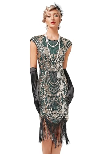 VILOREE 1920s Kleid Damen Flapper Charleston Kleid Gatsby Pailletten Cocktail Abschlussballkleid Party Kostüm Kleid Schwarz & Grün (51) M von VILOREE