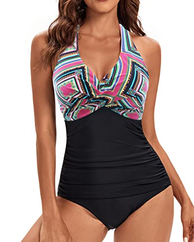 VILOREE Damen Badeanzug Einteiliger Bademode Schwimmanzug Neckholder V-Ausschnitt Rückenfrei Push Up Figurformend Bauchweg Bunte Highlicht 3XL von VILOREE