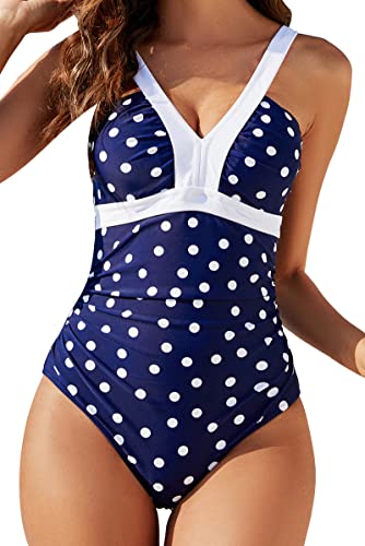 VILOREE Damen Badeanzug Einteiliger Bademode mit V-Form Ausschnitt Bauchkontrolle Monokini Cut Out Punkte 3XL von VILOREE