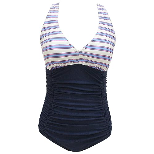 VILOREE Damen Bademode Einteiler Badeanzug Monokini Geraffte Bauchweg Schlankheits mit Rüschen V Ausschnitt Blau & Weisse Streifen M von VILOREE