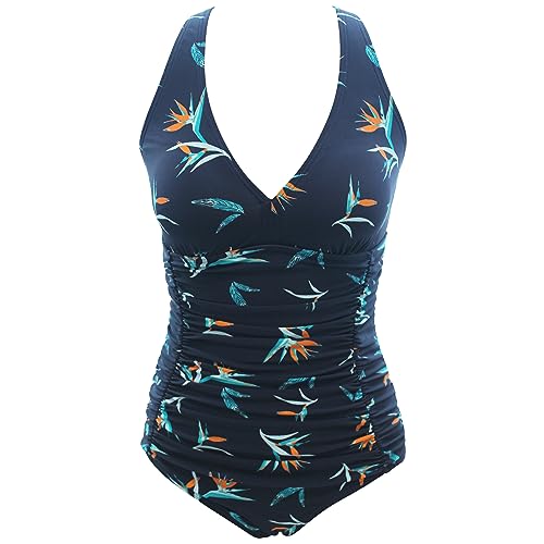 VILOREE Damen Bademode Einteiler Badeanzug Monokini Geraffte Bauchweg Schlankheits mit Rüschen V Ausschnitt Blumen M von VILOREE