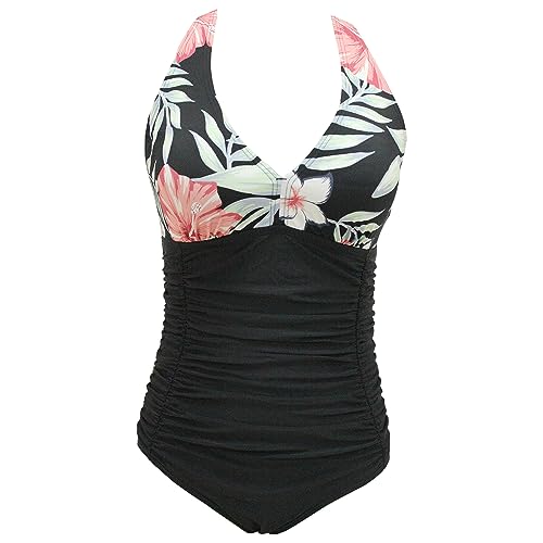 VILOREE Damen Bademode Einteiler Badeanzug Monokini Formend Badeanzug Bauchweg Softcups Rückenfrei Blumen & Schwarz L von VILOREE