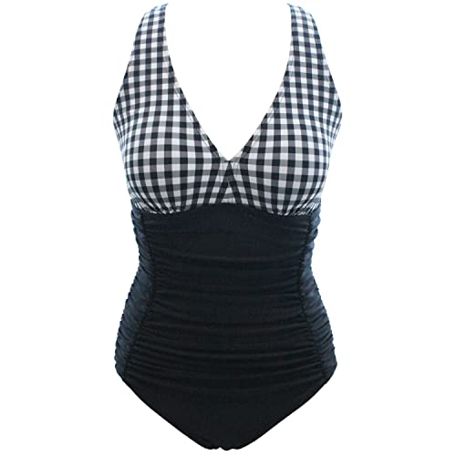 VILOREE Damen Bademode Einteiler Badeanzug Monokini Formend Badeanzug Bauchweg Softcups Rückenfrei Kariert L von VILOREE