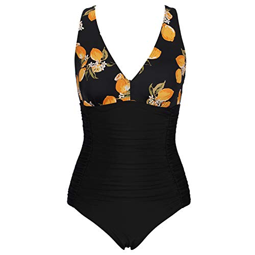 VILOREE Damen Bademode Einteiler Badeanzug Monokini Geraffte Bauchweg Schlankheits mit Rüschen V Ausschnitt Schwarz mit Zitrone L von VILOREE