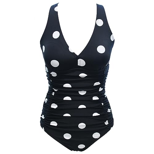 VILOREE Damen Bademode Einteiler Badeanzug Monokini Formend Badeanzug Bauchweg Softcups Rückenfrei Schwarz & Weiss Punkte-2 M von VILOREE