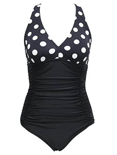 VILOREE Damen Bademode Einteiler Badeanzug Monokini Geraffte Bauchweg Schlankheits mit Rüschen V Ausschnitt Schwarz & Weiss Punkte M von VILOREE