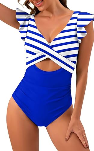 VILOREE Damen Bademode Einteiler Badeanzug Monokini Geraffte Bauchweg Schlankheits mit Rüschen V Ausschnitt Blau Streifen (134) XXL von VILOREE
