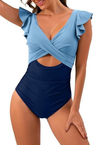 VILOREE Damen Bademode Einteiler Badeanzug Monokini Geraffte Bauchweg Schlankheits mit Rüschen V Ausschnitt Hellblau & Navy (134) L von VILOREE