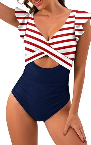 VILOREE Damen Bademode Einteiler Badeanzug Monokini Geraffte Bauchweg Schlankheits mit Rüschen V Ausschnitt Rot Streifen (134) XXL von VILOREE