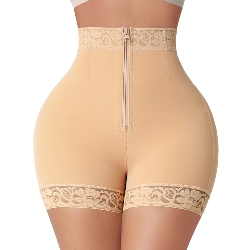 VILOREE Damen Bauchkontrolle Höschen Hohe Taille Shapewear Unterhose Shaping Unterwäsch Spitze Miederpants mit Reißverschluss + Hakenverschluss Beige 2XL von VILOREE