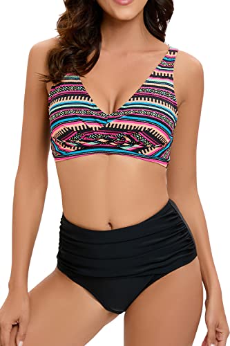 VILOREE Damen Bikini Set Crossover Bustier High Waist Bikini Set Bademode Zweiteiliger Badeanzug Bauchweg Bunte Streifen L von VILOREE