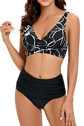 VILOREE Damen Bikini Set Crossover Bustier High Waist Bikini Set Bademode Zweiteiliger Badeanzug Bauchweg Schwarz Highlight 3XL von VILOREE