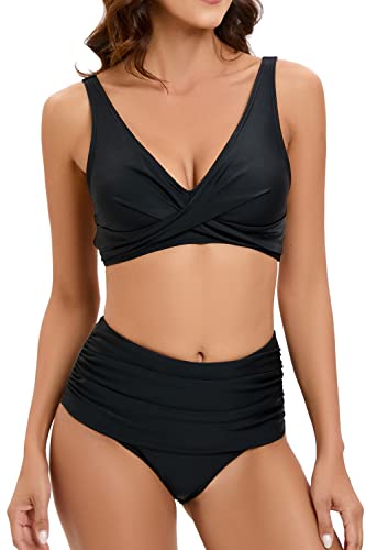 VILOREE Damen Bikini Set Crossover Bustier High Waist Bikini Set Bademode Zweiteiliger Badeanzug Bauchweg Schwarz L von VILOREE