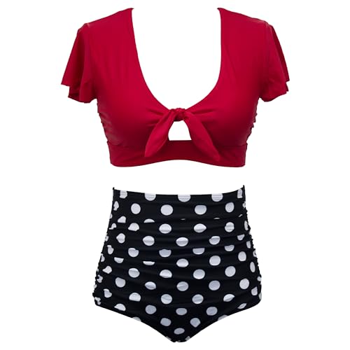 VILOREE Damen Bikini Sets Bademode Schwimmanzug Zweiteiliger Badeanzug Knotenfront High Waist Bauchkontrolle Rot & Polka dots (120) L von VILOREE