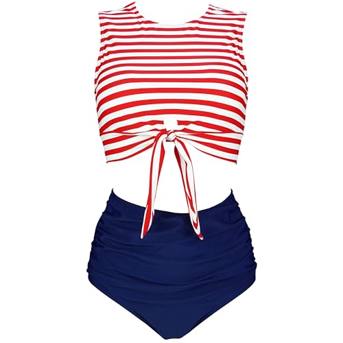 VILOREE Damen Bikini Sets Bademode Schwimmanzug Zweiteiliger Badeanzug Knotenfront High Waist Bauchkontrolle Rot & Streifen 2XL von VILOREE