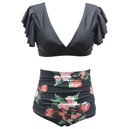 VILOREE Damen Bikini Sets Bademode Schwimmanzug Zweiteiliger Badeanzug Knotenfront High Waist Bauchkontrolle Schwarz & Blumen (121) 3XL von VILOREE