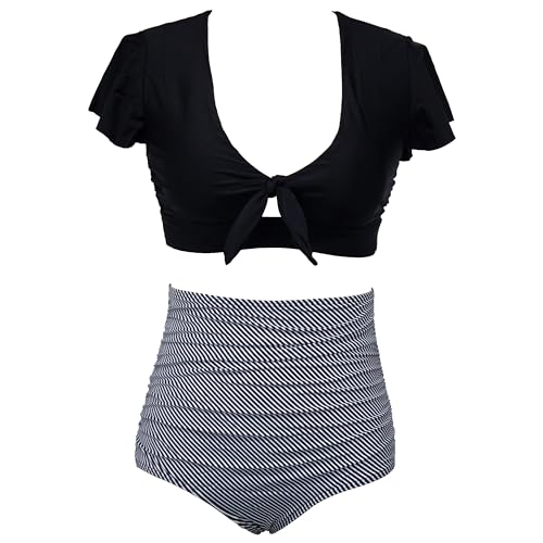 VILOREE Damen Bikini Sets Bademode Schwimmanzug Zweiteiliger Badeanzug Knotenfront High Waist Bauchkontrolle Schwarz & Streifen (120) S von VILOREE